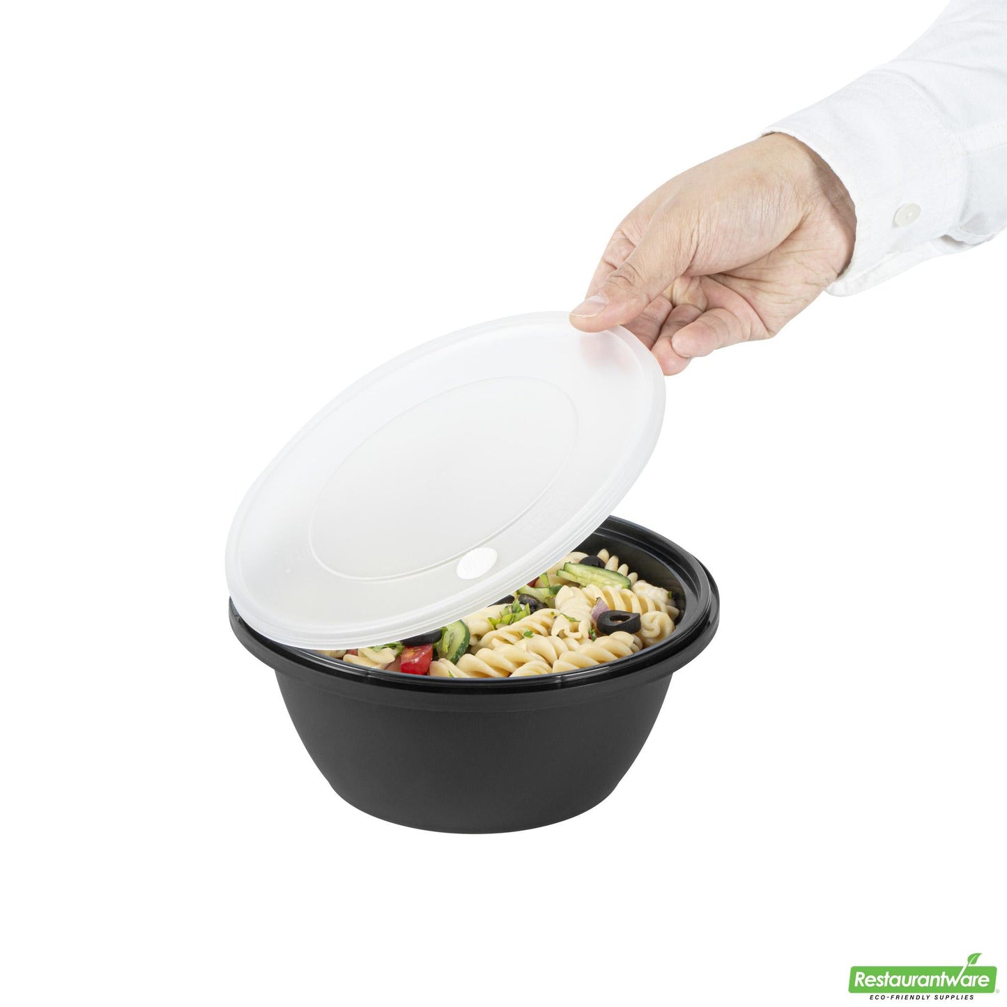 Wholesale Restaurantware Cater Tek 51 Oz Round Black Plastic Catering / Serving Bowl - with Clear Lid, Microwavable - 8" X 8" X 3 1/2" - 25 Count Box- Bulk