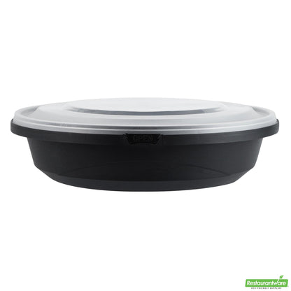 Wholesale Restaurantware Cater Tek 51 Oz Round Black Plastic Catering / Serving Bowl - with Clear Lid, Microwavable - 9 1/4" X 9 1/4" X 3" - 25 Count Box- Bulk