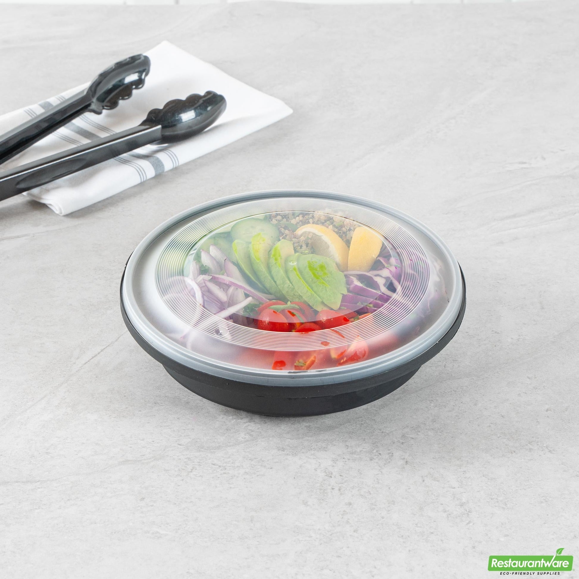 Wholesale Restaurantware Cater Tek 51 Oz Round Black Plastic Catering / Serving Bowl - with Clear Lid, Microwavable - 9 1/4" X 9 1/4" X 3" - 25 Count Box- Bulk