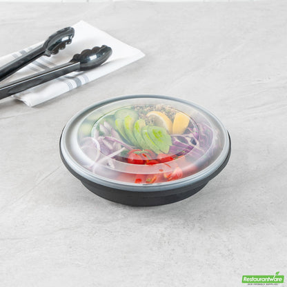 Wholesale Restaurantware Cater Tek 51 Oz Round Black Plastic Catering / Serving Bowl - with Clear Lid, Microwavable - 9 1/4" X 9 1/4" X 3" - 25 Count Box- Bulk