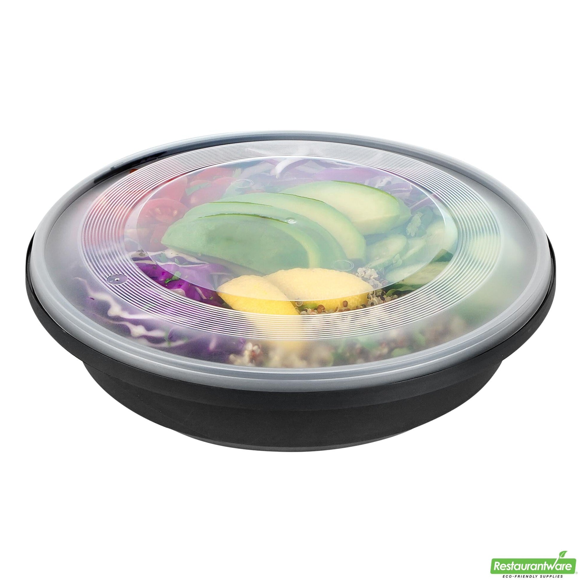Wholesale Restaurantware Cater Tek 51 Oz Round Black Plastic Catering / Serving Bowl - with Clear Lid, Microwavable - 9 1/4" X 9 1/4" X 3" - 25 Count Box- Bulk