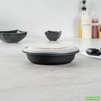 Wholesale Restaurantware Cater Tek 58 Oz Round Black Plastic Catering / Serving Bowl - with Clear Lid, Microwavable - 8" X 8" X 3 3/4" - 25 Count Box- Bulk