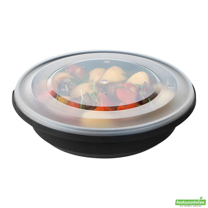 Wholesale Restaurantware Cater Tek 58 Oz Round Black Plastic Catering / Serving Bowl - with Clear Lid, Microwavable - 8" X 8" X 3 3/4" - 25 Count Box- Bulk