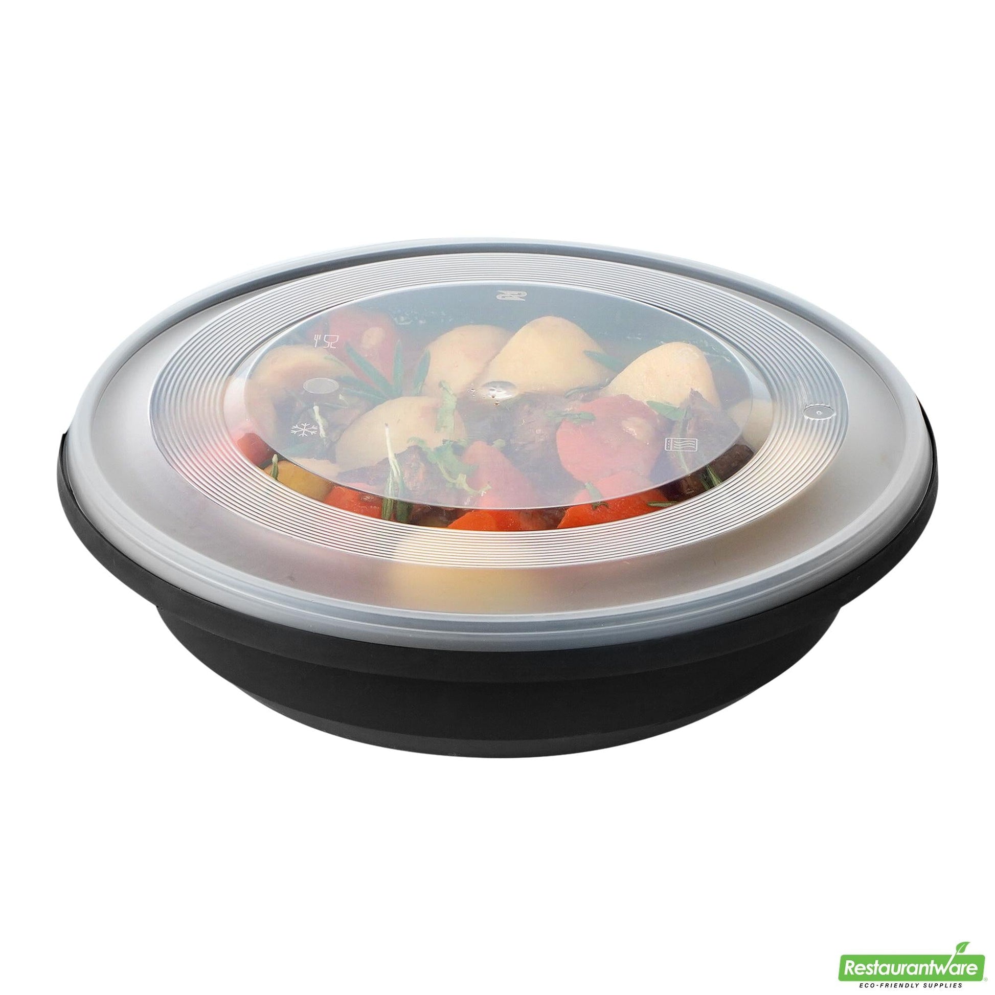 Wholesale Restaurantware Cater Tek 58 Oz Round Black Plastic Catering / Serving Bowl - with Clear Lid, Microwavable - 8" X 8" X 3 3/4" - 100 Count Box- Bulk