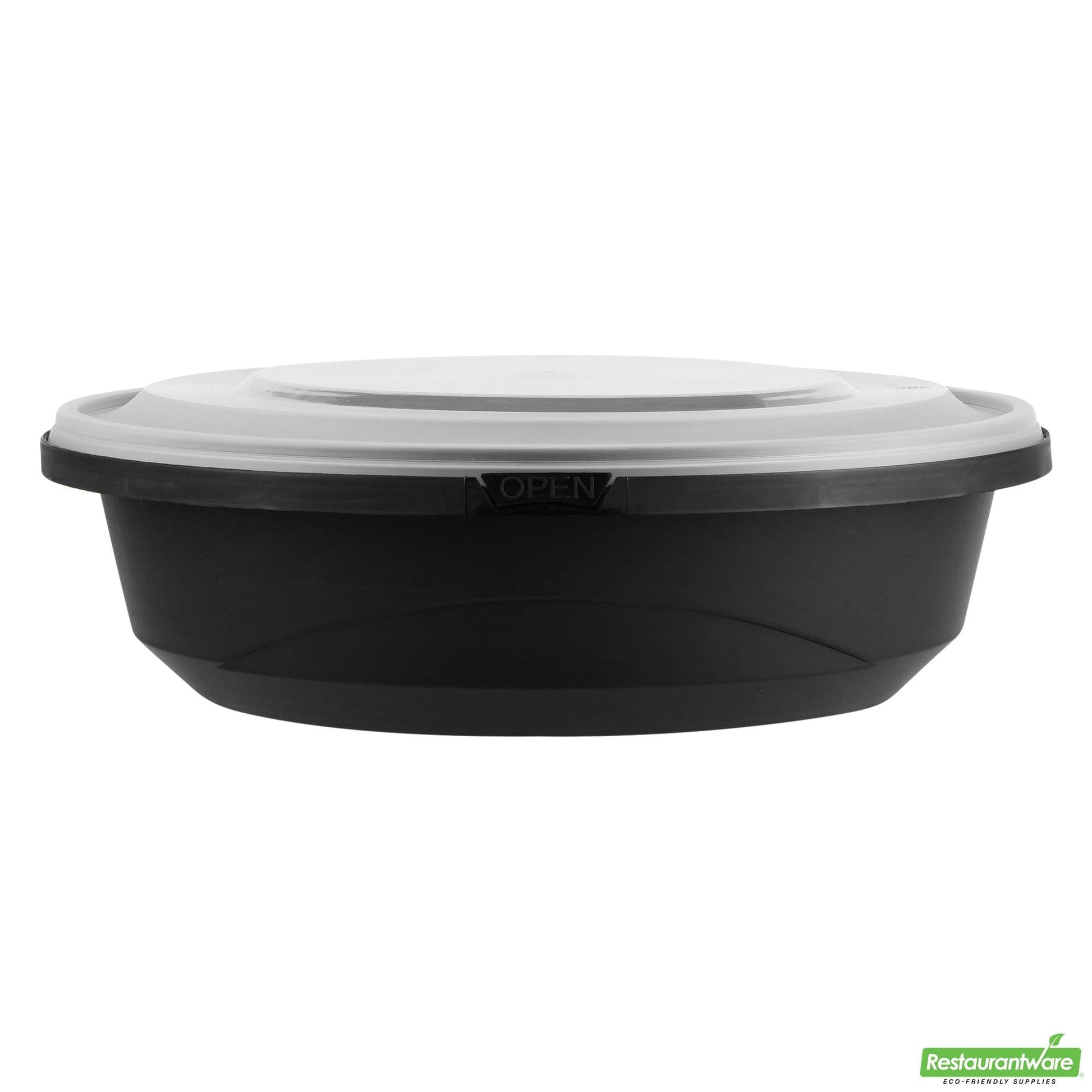 Wholesale Restaurantware Cater Tek 68 Oz Round Black Plastic Catering / Serving Bowl - with Clear Lid, Microwavable - 9 3/4" X 9 3/4" X 3" - 100 Count Box- Bulk