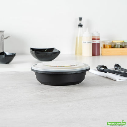 Wholesale Restaurantware Cater Tek 68 Oz Round Black Plastic Catering / Serving Bowl - with Clear Lid, Microwavable - 9 3/4" X 9 3/4" X 3" - 100 Count Box- Bulk