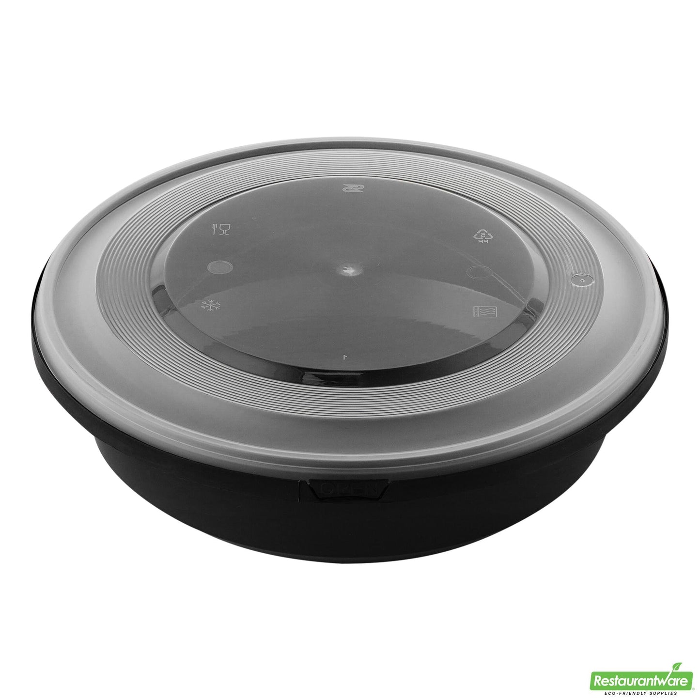 Wholesale Restaurantware Cater Tek 68 Oz Round Black Plastic Catering / Serving Bowl - with Clear Lid, Microwavable - 9 3/4" X 9 3/4" X 3" - 100 Count Box- Bulk