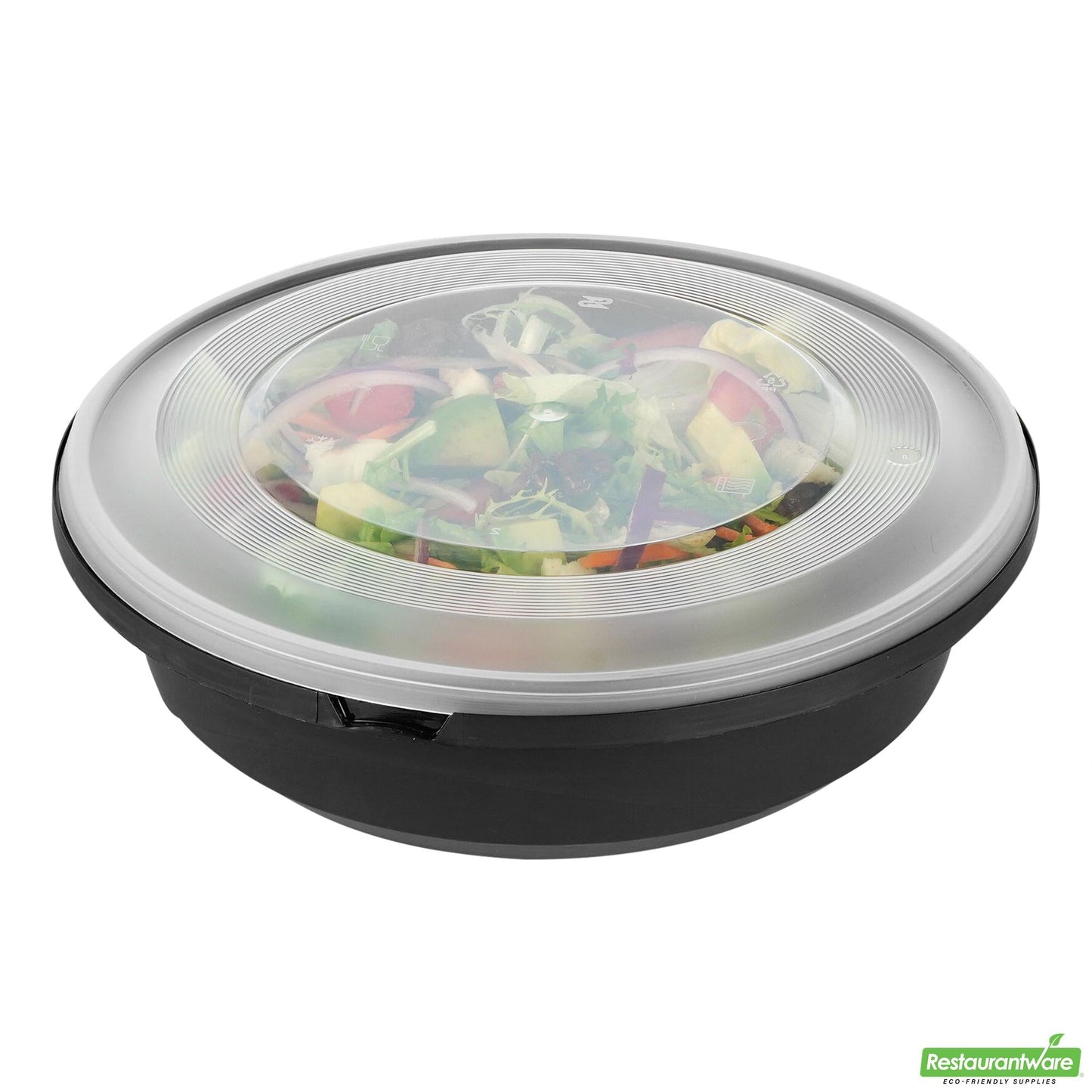 Wholesale Restaurantware Cater Tek 68 Oz Round Black Plastic Catering / Serving Bowl - with Clear Lid, Microwavable - 9 3/4" X 9 3/4" X 3" - 100 Count Box- Bulk