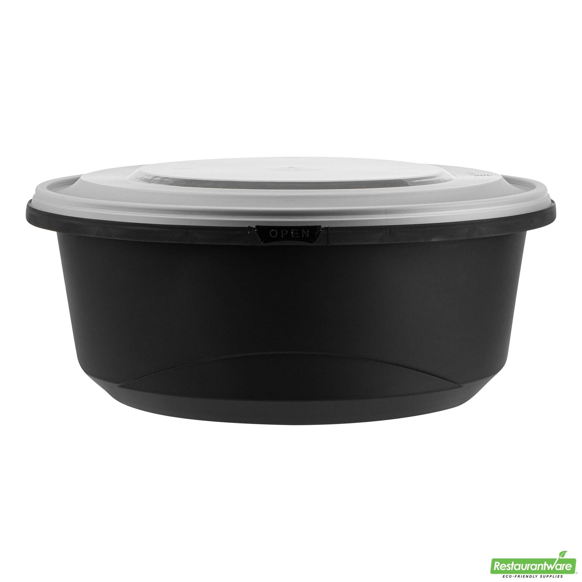 Wholesale Restaurantware Cater Tek 101 Oz Round Black Plastic Catering / Serving Bowl - with Clear Lid, Microwavable - 9 3/4" X 9 3/4" X 4" - 100 Count Box- Bulk
