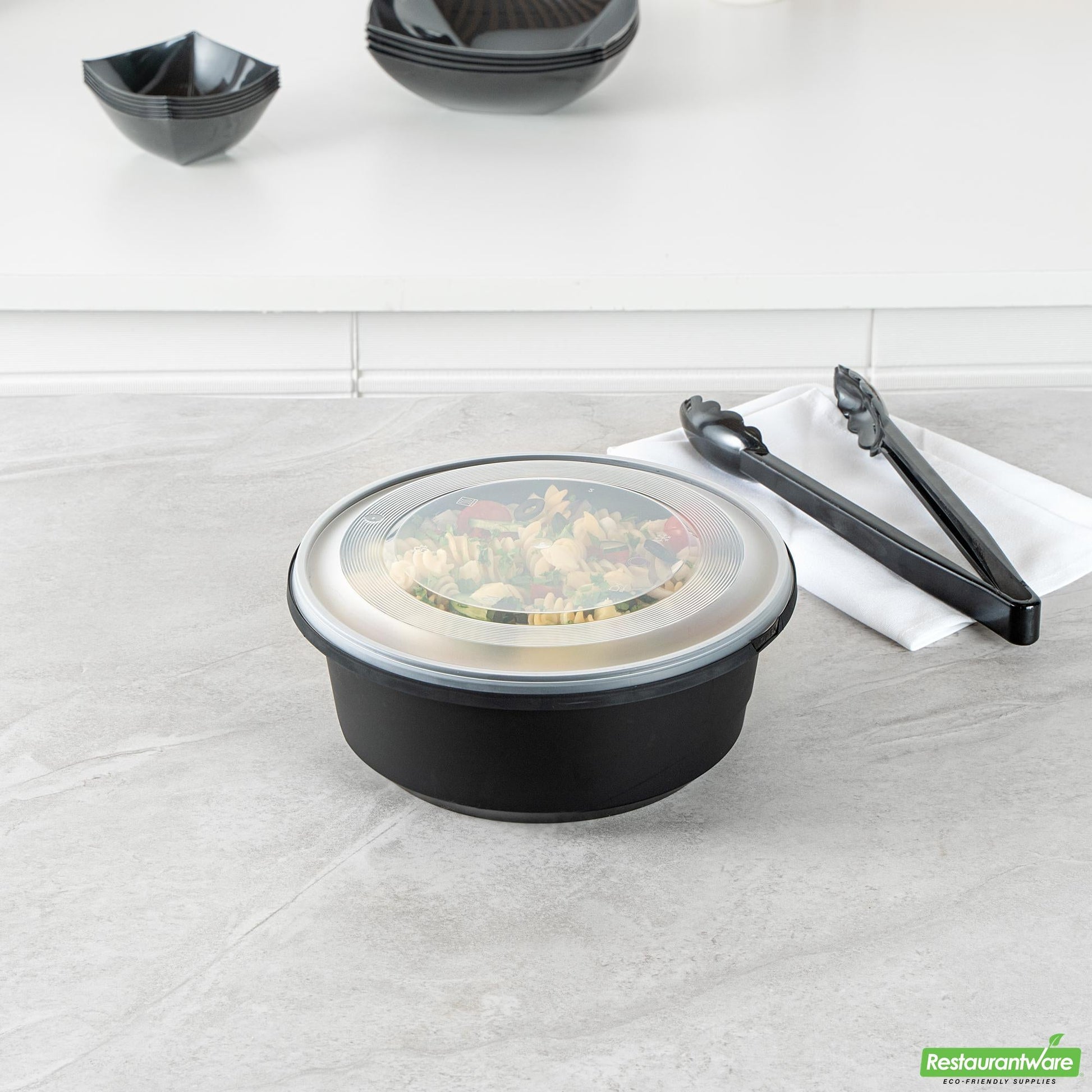 Wholesale Restaurantware Cater Tek 101 Oz Round Black Plastic Catering / Serving Bowl - with Clear Lid, Microwavable - 9 3/4" X 9 3/4" X 4" - 100 Count Box- Bulk