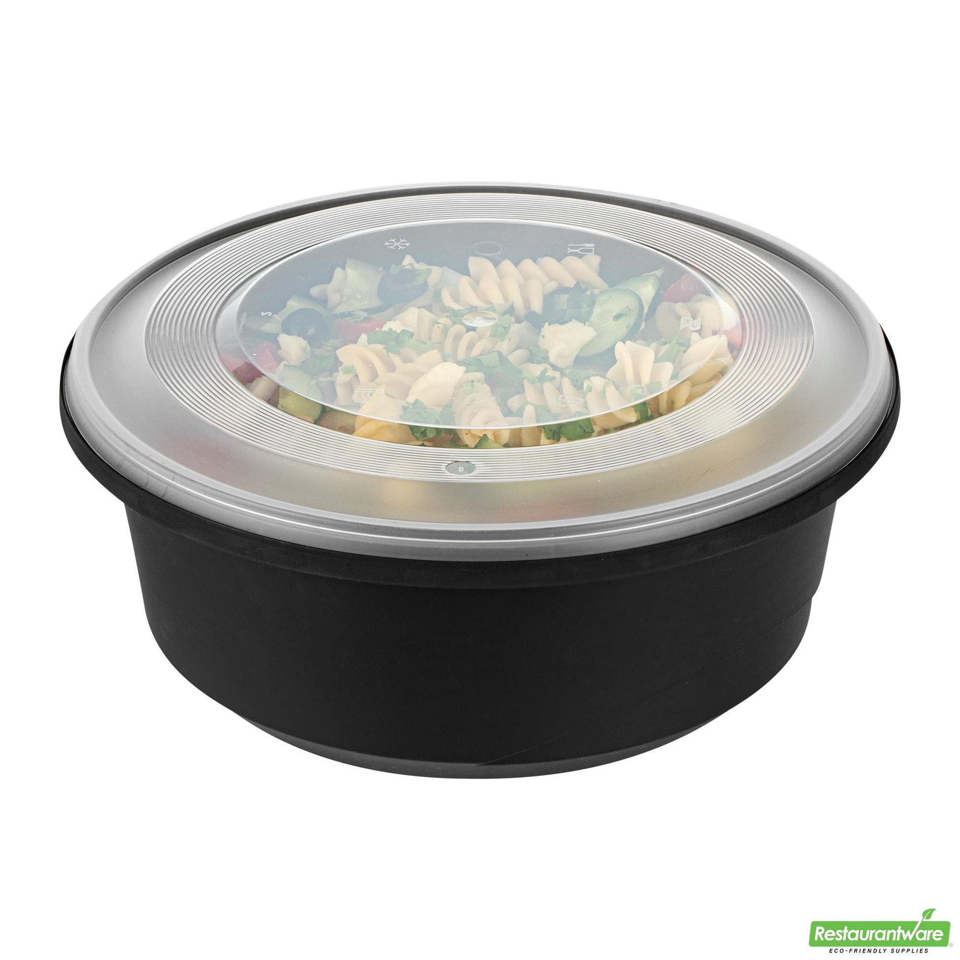 Wholesale Restaurantware Cater Tek 101 Oz Round Black Plastic Catering / Serving Bowl - with Clear Lid, Microwavable - 9 3/4" X 9 3/4" X 4" - 100 Count Box- Bulk