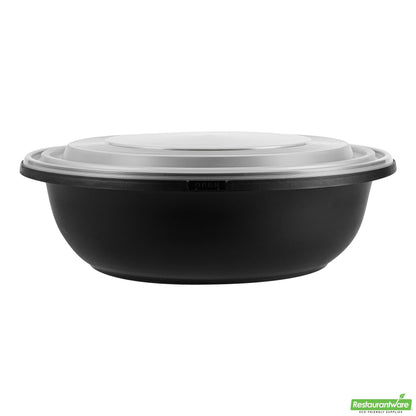 Wholesale Restaurantware Cater Tek 142 Oz Round Black Plastic Catering / Serving Bowl - with Clear Lid, Microwavable - 11 3/4" X 11 3/4" X 4" - 25 Count Box- Bulk