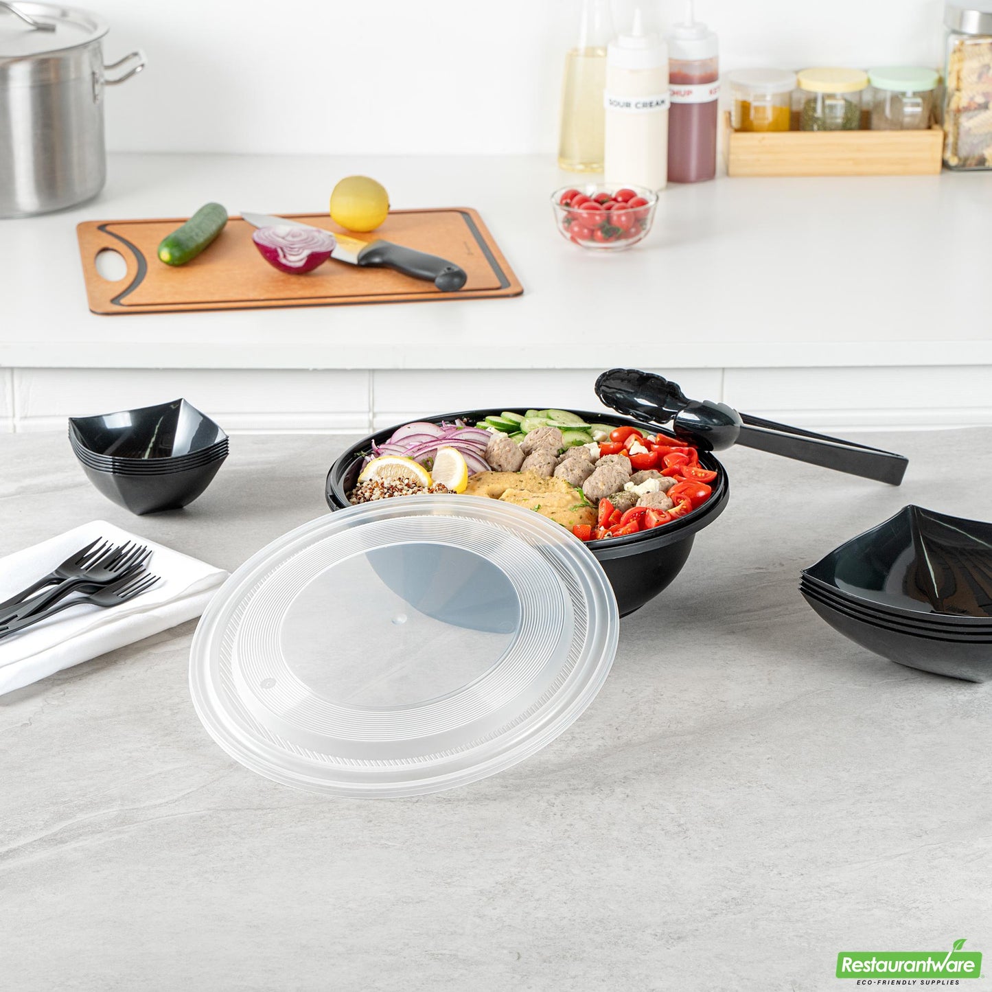 Wholesale Restaurantware Cater Tek 142 Oz Round Black Plastic Catering / Serving Bowl - with Clear Lid, Microwavable - 11 3/4" X 11 3/4" X 4" - 25 Count Box- Bulk