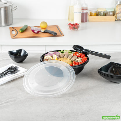 Wholesale Restaurantware Cater Tek 142 Oz Round Black Plastic Catering / Serving Bowl - with Clear Lid, Microwavable - 11 3/4" X 11 3/4" X 4" - 25 Count Box- Bulk