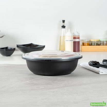 Wholesale Restaurantware Cater Tek 142 Oz Round Black Plastic Catering / Serving Bowl - with Clear Lid, Microwavable - 11 3/4" X 11 3/4" X 4" - 25 Count Box- Bulk