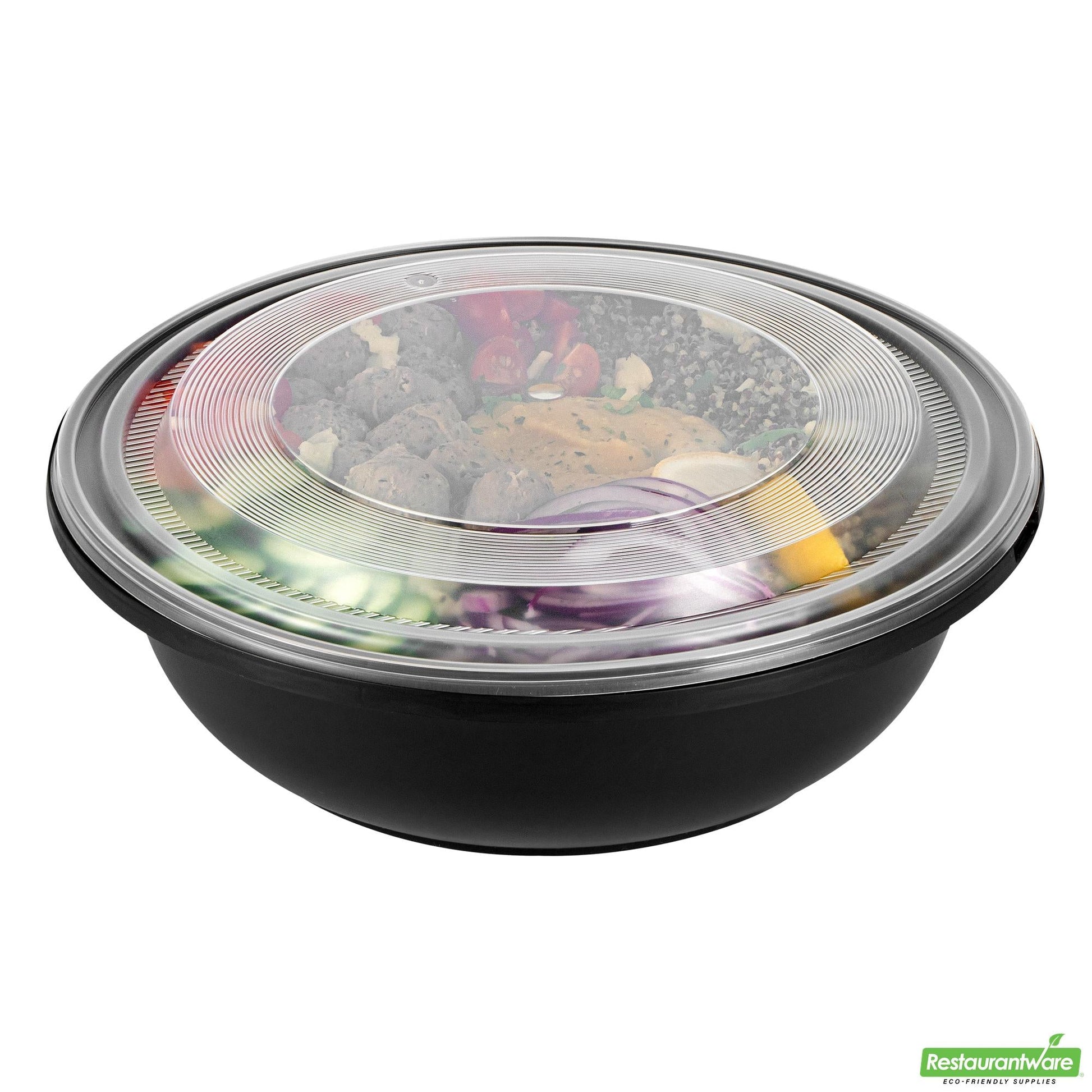 Wholesale Restaurantware Cater Tek 142 Oz Round Black Plastic Catering / Serving Bowl - with Clear Lid, Microwavable - 11 3/4" X 11 3/4" X 4" - 25 Count Box- Bulk