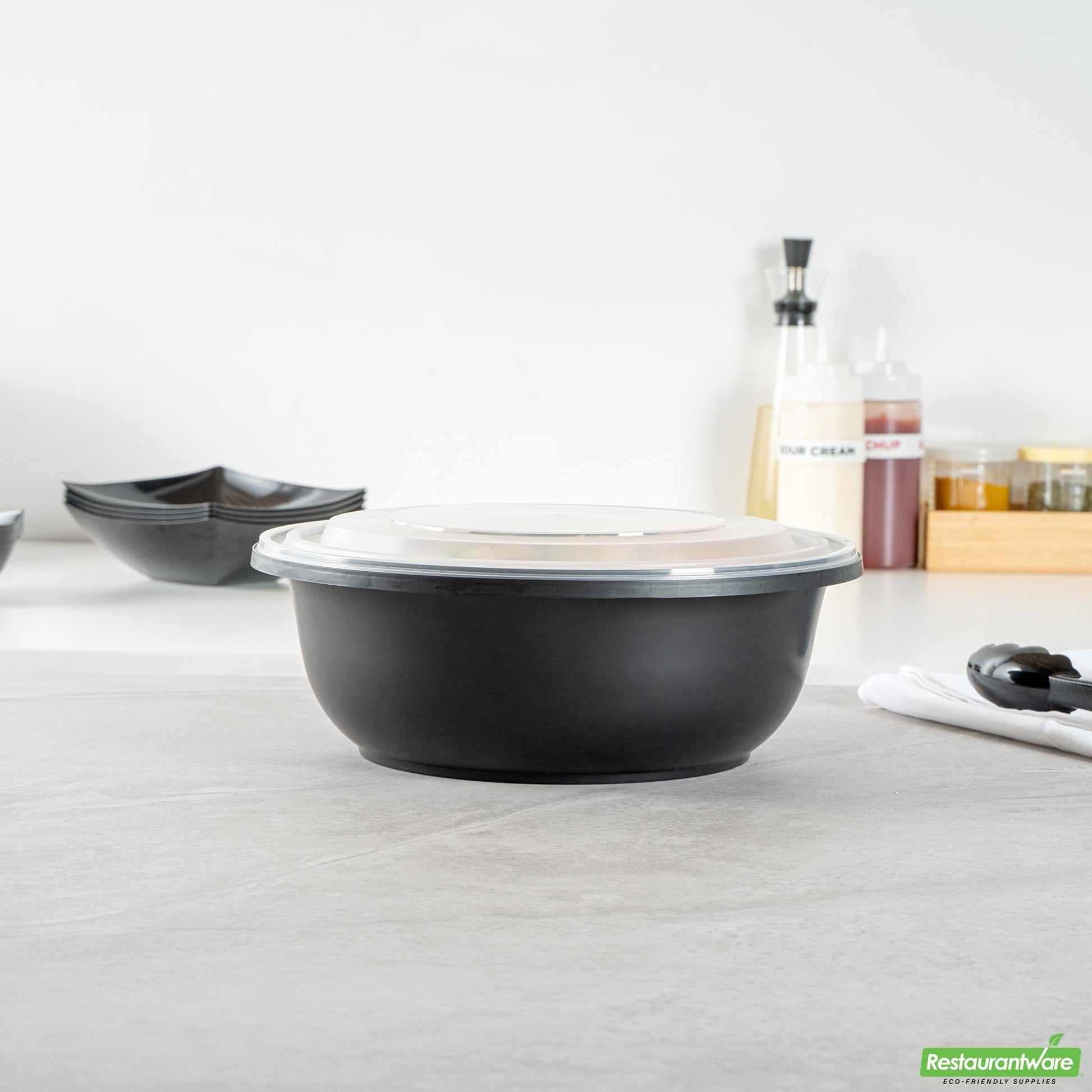 Wholesale Restaurantware Cater Tek 169 Oz Round Black Catering / Serving Bowl - with Clear Lid, Microwavable - 11 3/4" X 11 3/4" X 4 1/2" - 25 Count Box- Bulk