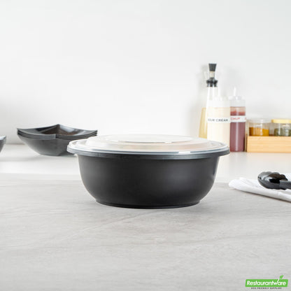 Wholesale Restaurantware Cater Tek 169 Oz Round Black Catering / Serving Bowl - with Clear Lid, Microwavable - 11 3/4" X 11 3/4" X 4 1/2" - 50 Count Box- Bulk