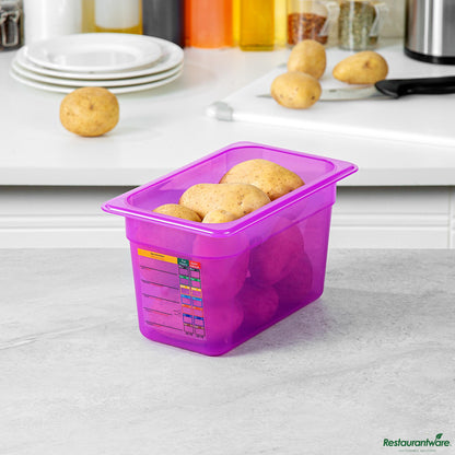 Wholesale Restaurantware Purple Allergen-Free Polypropylene 1/4 Size Food Pan - 6" Deep - 10.4" X 6.3" X 5.9"- Bulk