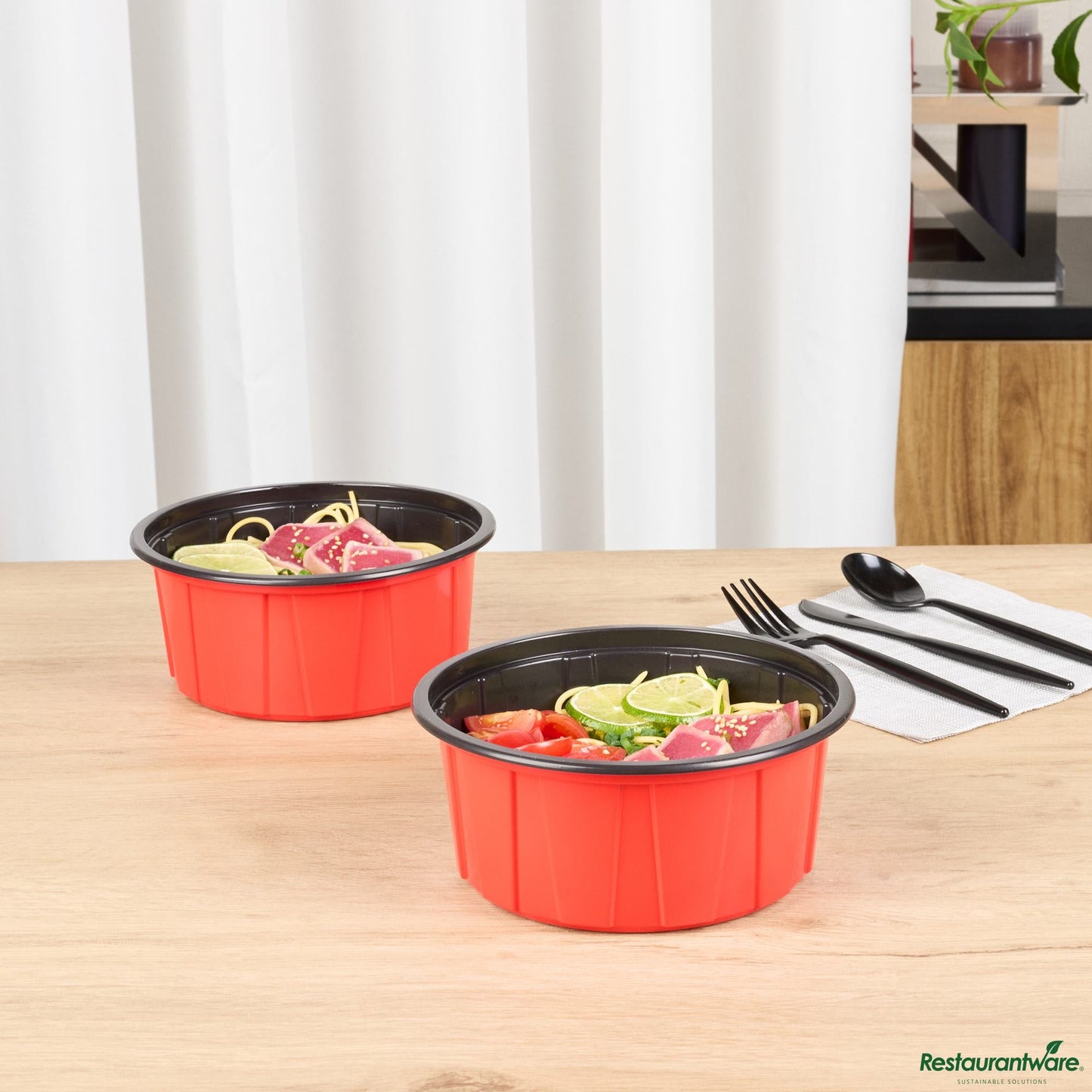 Wholesale Restaurantware 42 Oz Round Red Plastic to Go Box - Microwave-Safe - 7.1" X 7.1" X 3.2"- Bulk