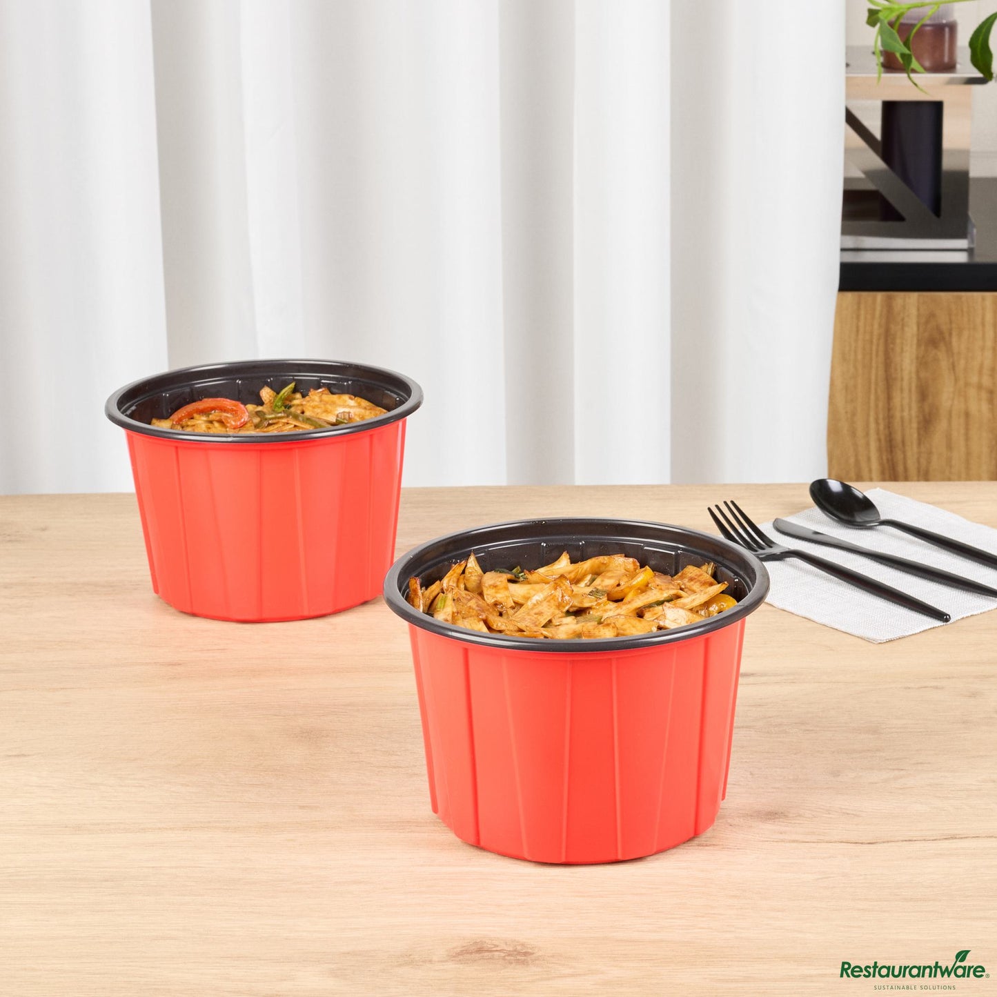 Wholesale Restaurantware 58 Oz Round Red Plastic to Go Box - Microwave-Safe - 7.1" X 7.1" X 4.4"- Bulk