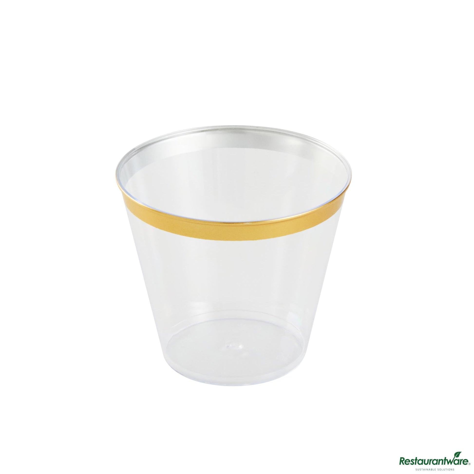 Wholesale Restaurantware 5 Oz Clear Plastic Tumbler - with Gold Rim - 2.8" X 2.8" X 2.3"- Bulk