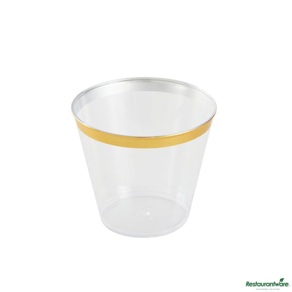 Wholesale Restaurantware 5 Oz Clear Plastic Tumbler - with Gold Rim - 2.8" X 2.8" X 2.3"- Bulk