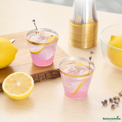 Wholesale Restaurantware 5 Oz Clear Plastic Tumbler - with Gold Rim - 2.8" X 2.8" X 2.3"- Bulk
