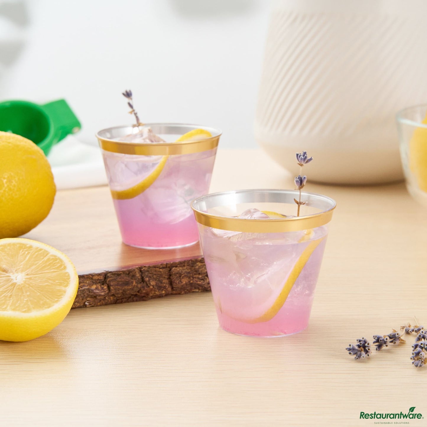Wholesale Restaurantware 5 Oz Clear Plastic Tumbler - with Gold Rim - 2.8" X 2.8" X 2.3"- Bulk