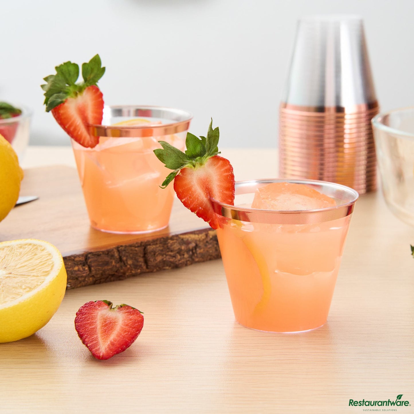 Wholesale Restaurantware 5 Oz Clear Plastic Tumbler - with Rose Gold Rim - 2.8" X 2.8" X 2.3"- Bulk