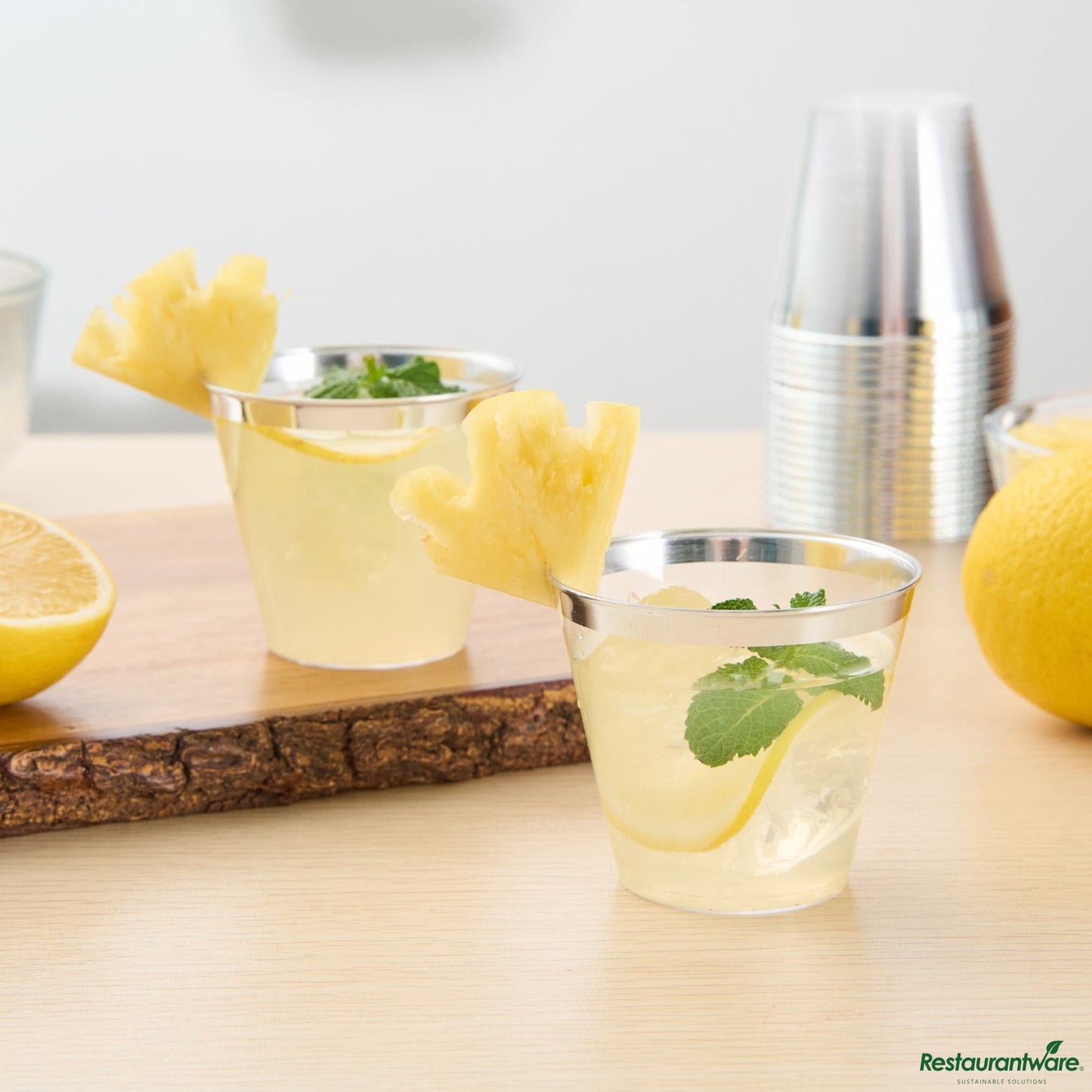 Wholesale Restaurantware 5 Oz Clear Plastic Tumbler - with Silver Rim - 2.8" X 2.8" X 2.3"- Bulk