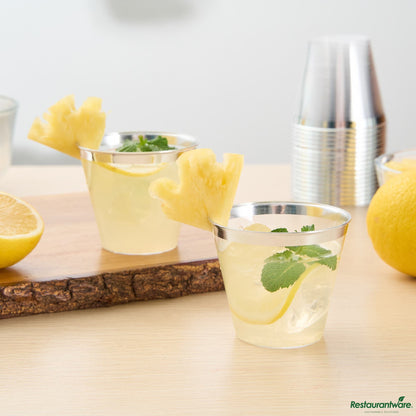 Wholesale Restaurantware 5 Oz Clear Plastic Tumbler - with Silver Rim - 2.8" X 2.8" X 2.3"- Bulk