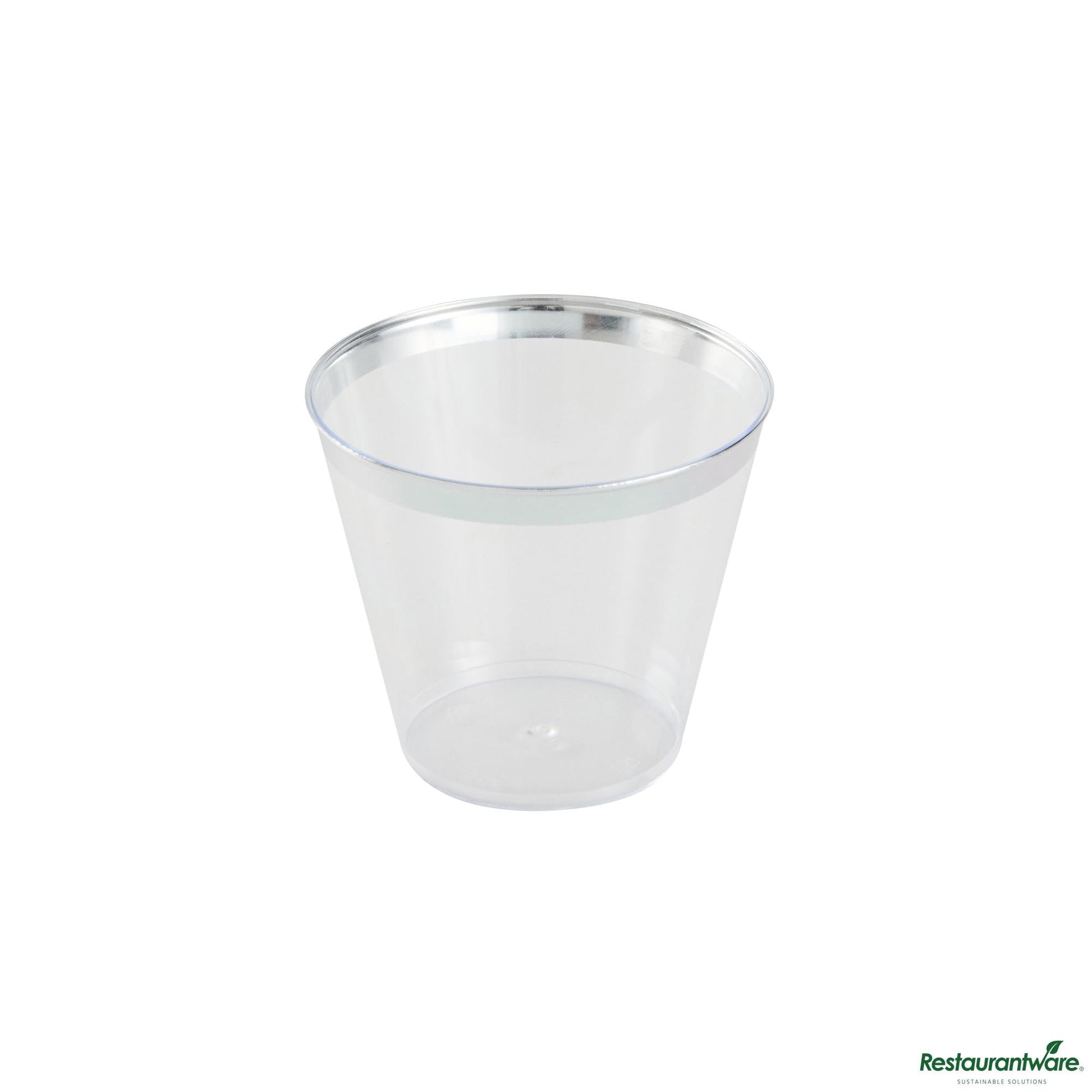 Wholesale Restaurantware 5 Oz Clear Plastic Tumbler - with Silver Rim - 2.8" X 2.8" X 2.3"- Bulk