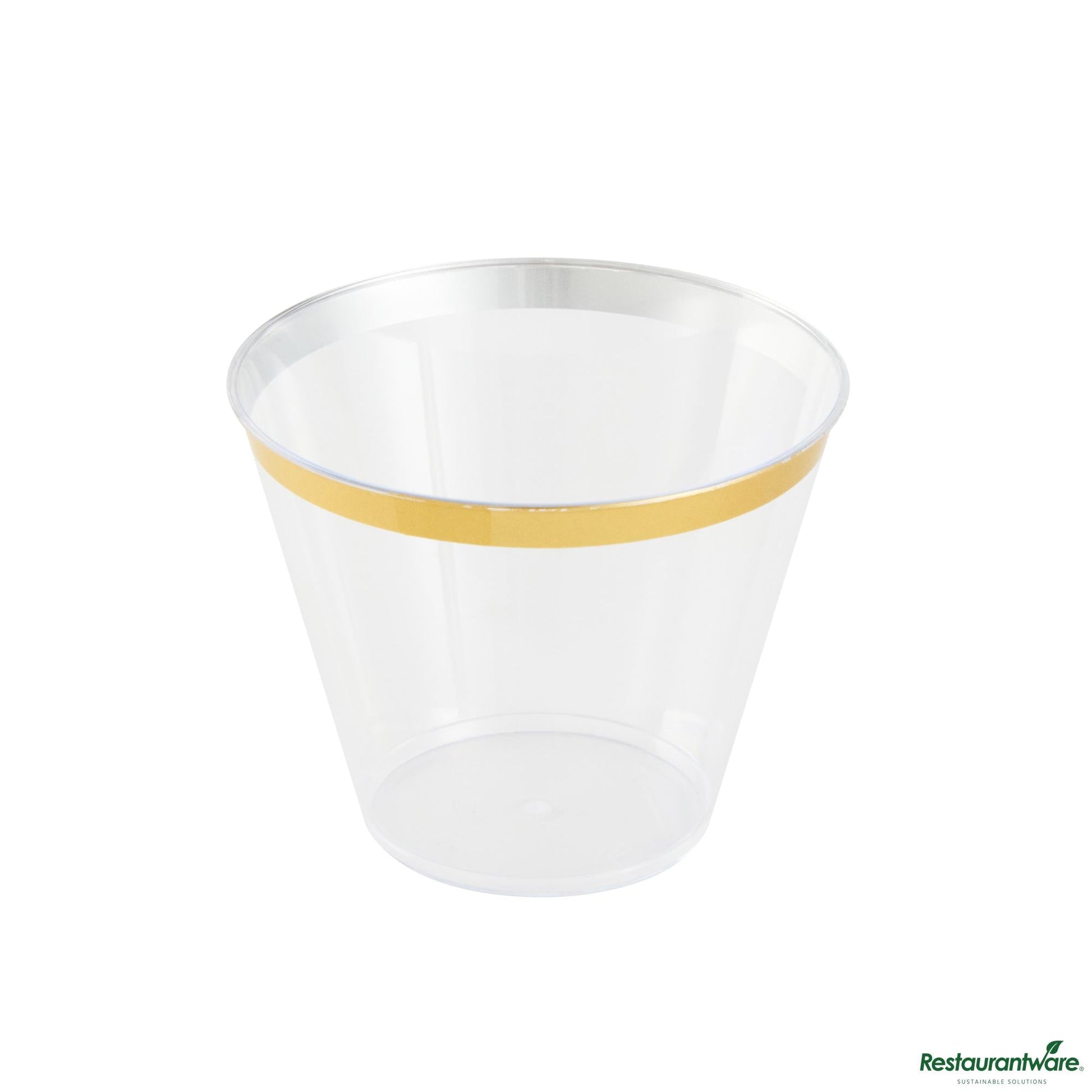 Wholesale Restaurantware 9 Oz Clear Plastic Tumbler - with Gold Rim - 3.5" X 3.5" X 2.8"- Bulk