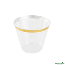 Wholesale Restaurantware 9 Oz Clear Plastic Tumbler - with Gold Rim - 3.5" X 3.5" X 2.8"- Bulk