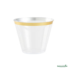 Wholesale Restaurantware 9 Oz Clear Plastic Tumbler - with Gold Rim - 3.5" X 3.5" X 2.8"- Bulk