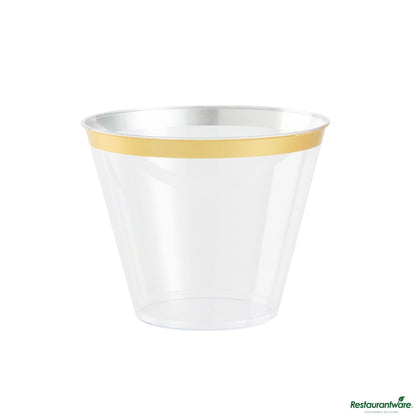 Wholesale Restaurantware 9 Oz Clear Plastic Tumbler - with Gold Rim - 3.5" X 3.5" X 2.8"- Bulk