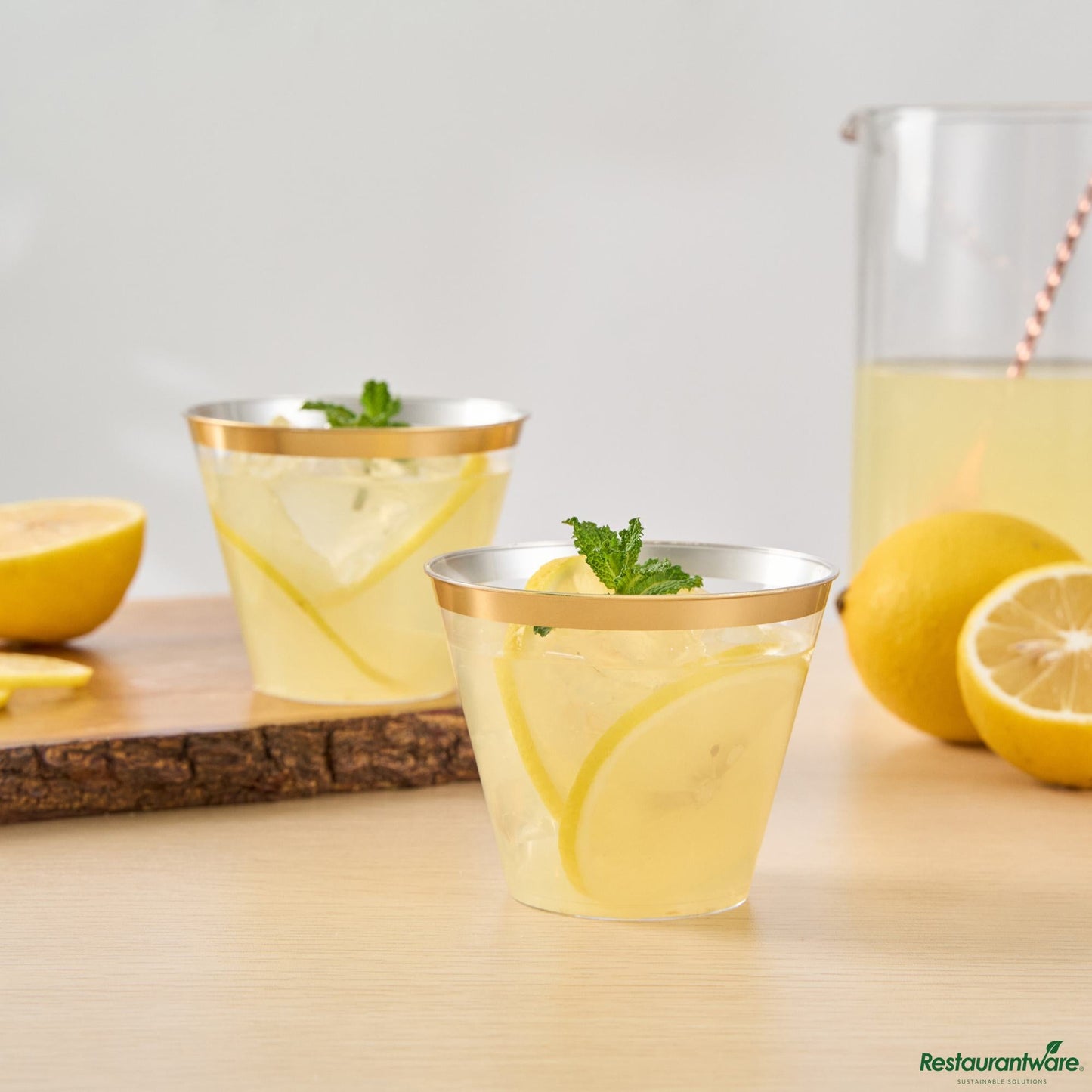 Wholesale Restaurantware 9 Oz Clear Plastic Tumbler - with Gold Rim - 3.5" X 3.5" X 2.8"- Bulk