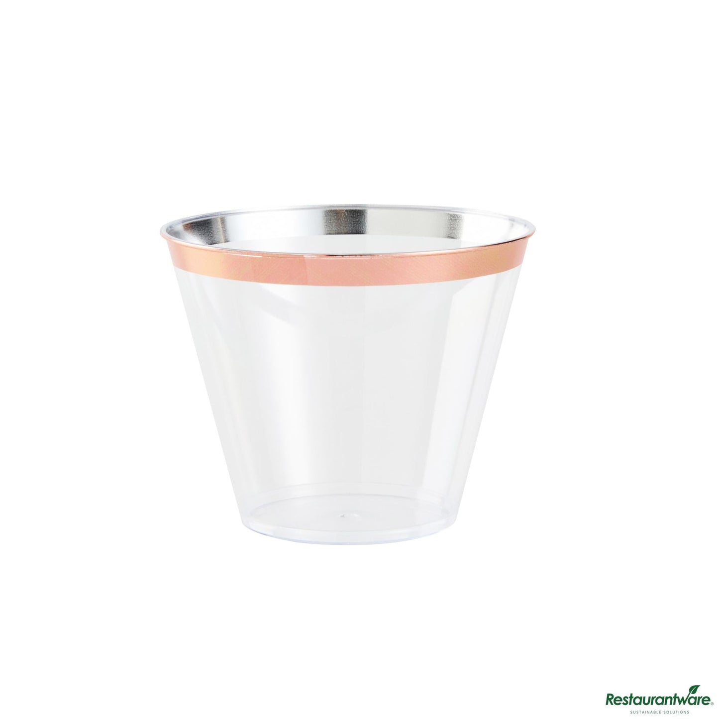Wholesale Restaurantware 9 Oz Clear Plastic Tumbler - with Rose Gold Rim - 3.5" X 3.5" X 2.8"- Bulk