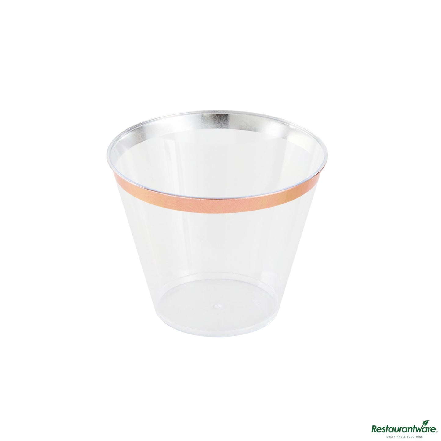 Wholesale Restaurantware 9 Oz Clear Plastic Tumbler - with Rose Gold Rim - 3.5" X 3.5" X 2.8"- Bulk