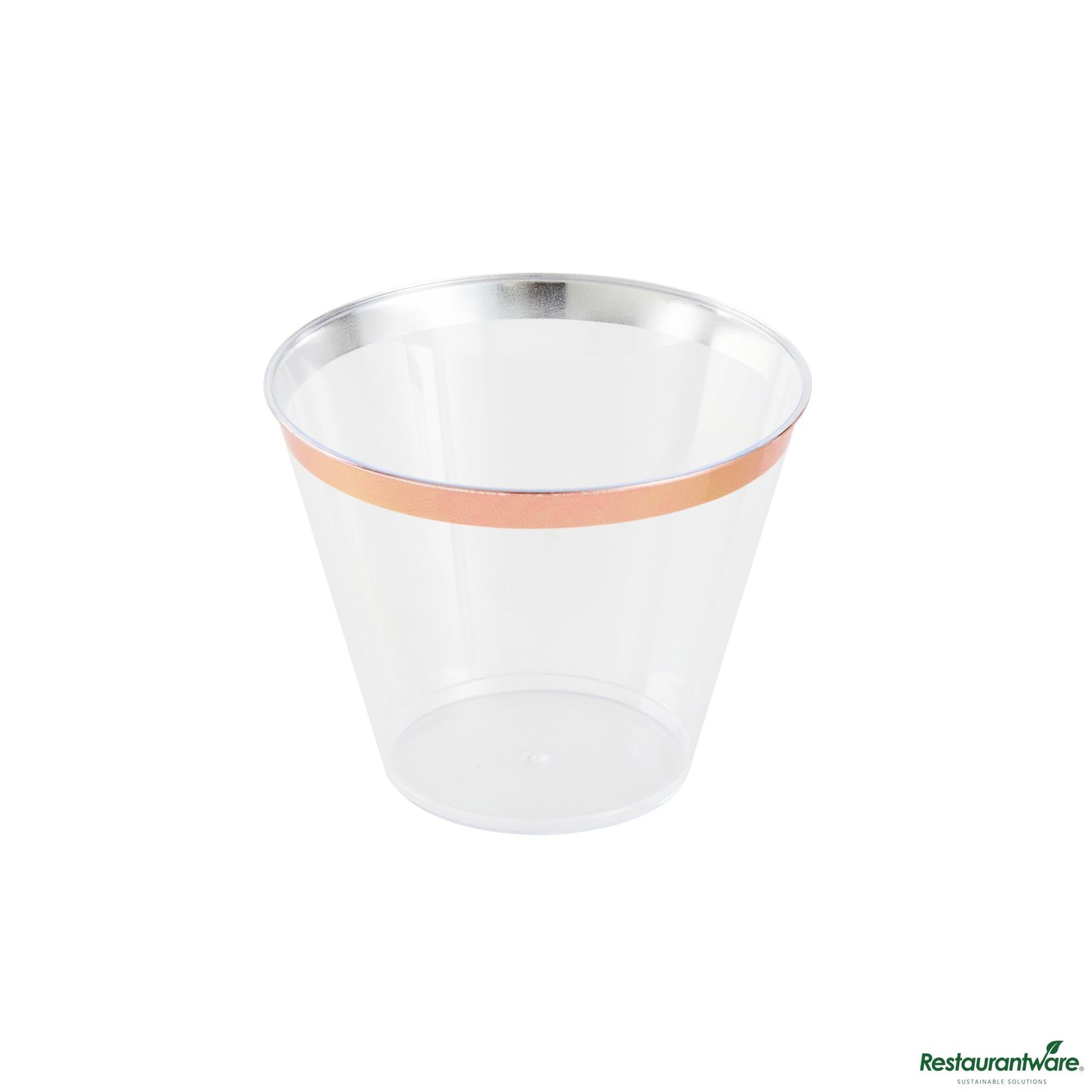 Wholesale Restaurantware 9 Oz Clear Plastic Tumbler - with Rose Gold Rim - 3.5" X 3.5" X 2.8"- Bulk