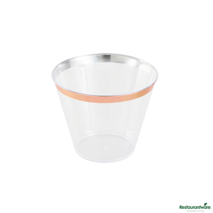 Wholesale Restaurantware 9 Oz Clear Plastic Tumbler - with Rose Gold Rim - 3.5" X 3.5" X 2.8"- Bulk
