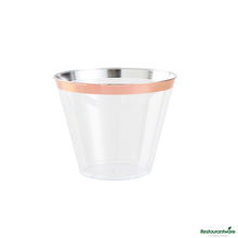 Wholesale Restaurantware 9 Oz Clear Plastic Tumbler - with Rose Gold Rim - 3.5" X 3.5" X 2.8"- Bulk
