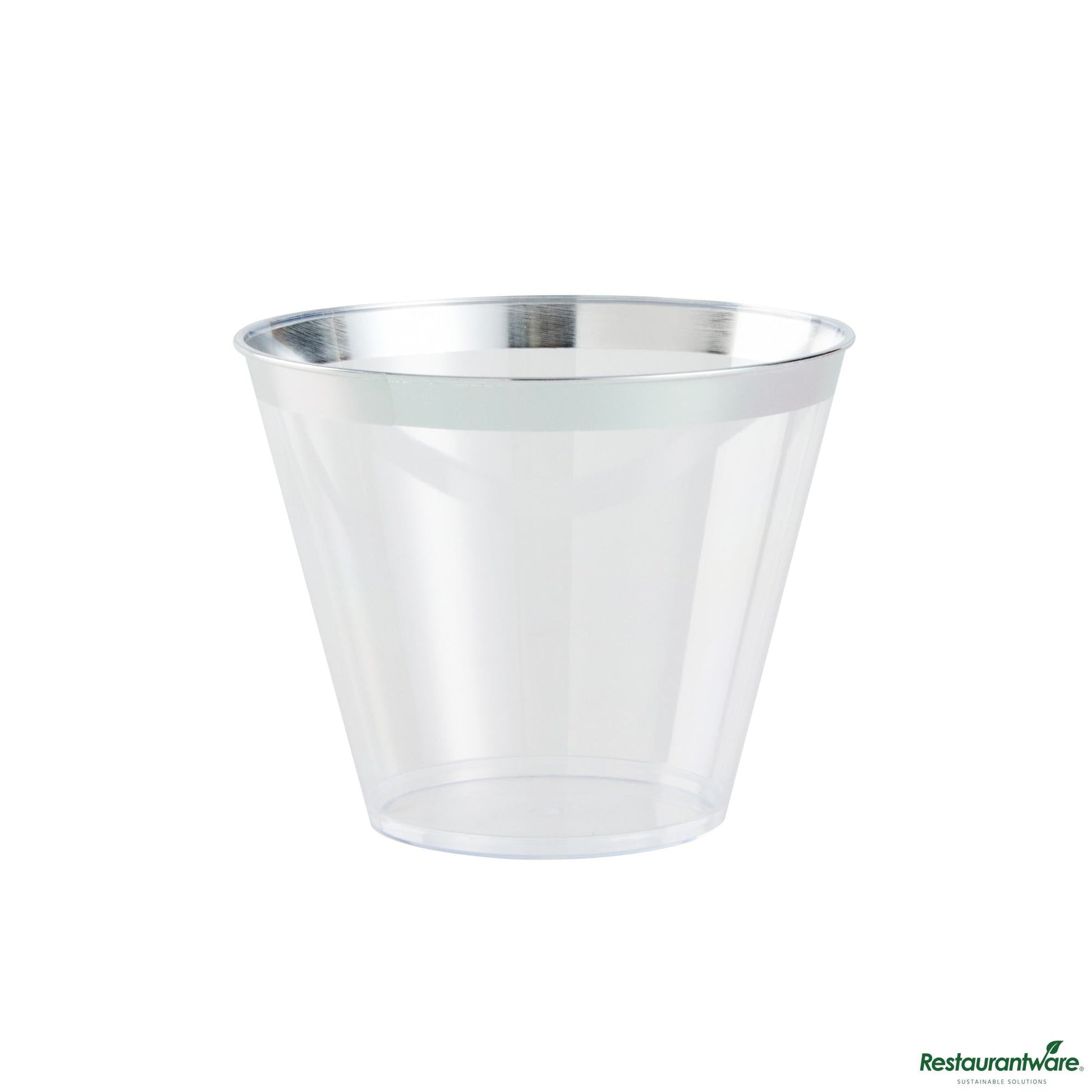 Wholesale Restaurantware 9 Oz Clear Plastic Tumbler - with Silver Rim - 3.5" X 3.5" X 2.8"- Bulk