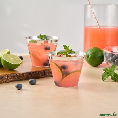 Wholesale Restaurantware 9 Oz Clear Plastic Tumbler - with Silver Rim - 3.5" X 3.5" X 2.8"- Bulk