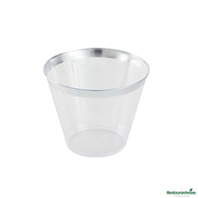 Wholesale Restaurantware 9 Oz Clear Plastic Tumbler - with Silver Rim - 3.5" X 3.5" X 2.8"- Bulk
