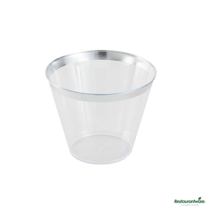 Wholesale Restaurantware 9 Oz Clear Plastic Tumbler - with Silver Rim - 3.5" X 3.5" X 2.8"- Bulk