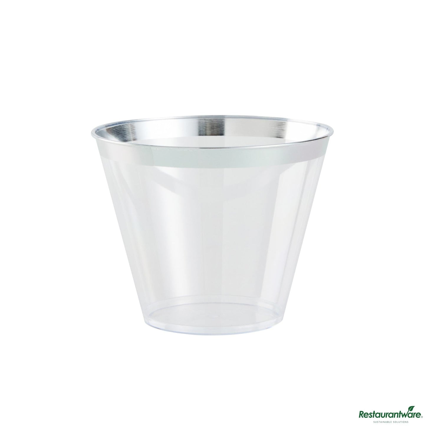 Wholesale Restaurantware 9 Oz Clear Plastic Tumbler - with Silver Rim - 3.5" X 3.5" X 2.8"- Bulk
