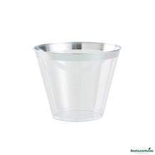 Wholesale Restaurantware 9 Oz Clear Plastic Tumbler - with Silver Rim - 3.5" X 3.5" X 2.8"- Bulk