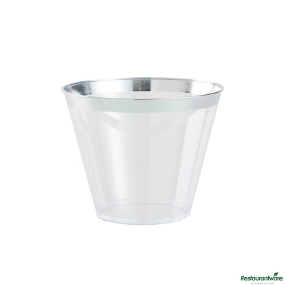 Wholesale Restaurantware 9 Oz Clear Plastic Tumbler - with Silver Rim - 3.5" X 3.5" X 2.8"- Bulk